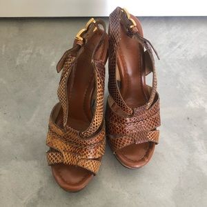 Chloe camel snakeskin and cork wedge sandals